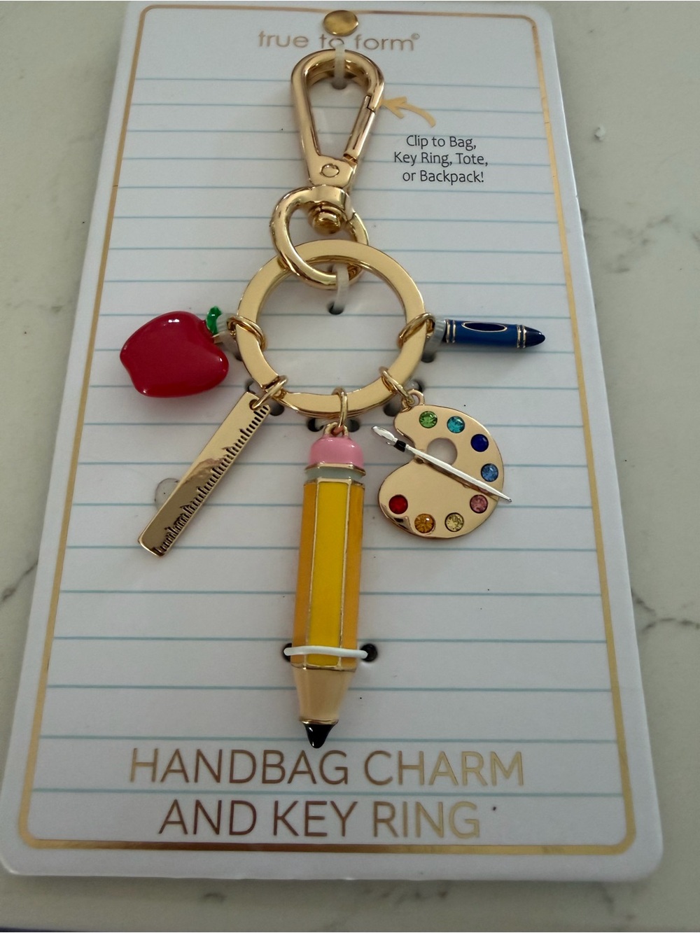 True to Form Gold Multicolor School-Themed Handbag Charm & Key Ring